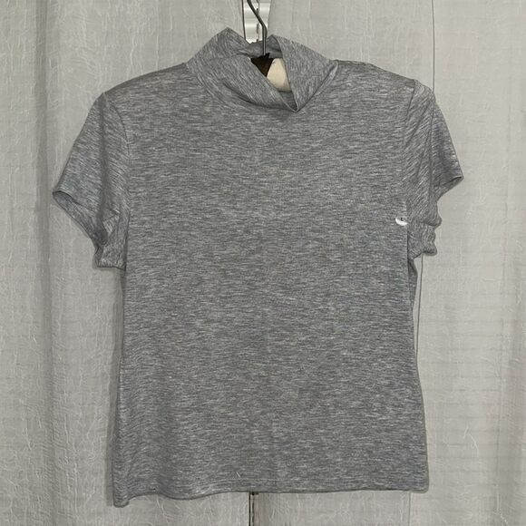 AE M-L Heather Gray Cropped Soft & Sexy Mock Neck Short Sleeve T-Shirt - Picture 6 of 10